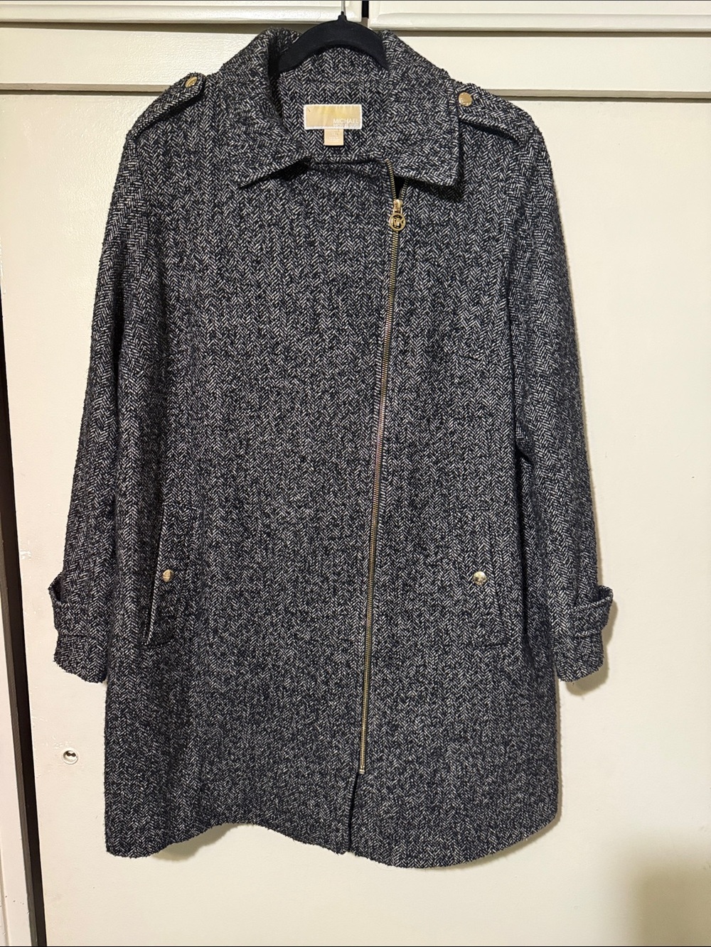 Michael Kors Black & Gray Herringbone Wool-Blend Trench Coat size 1X